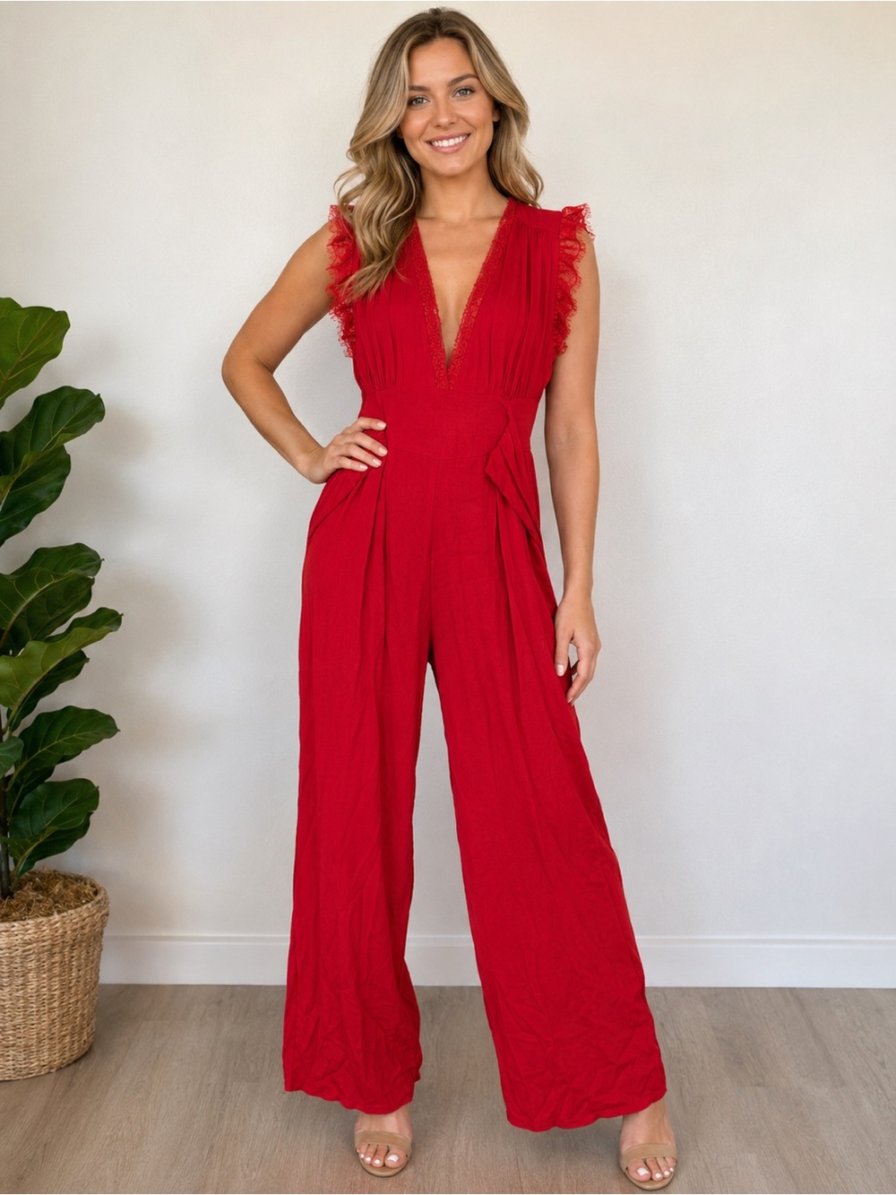 Free People Red Lace Trim Sleeveless Jumpsuit Size 6